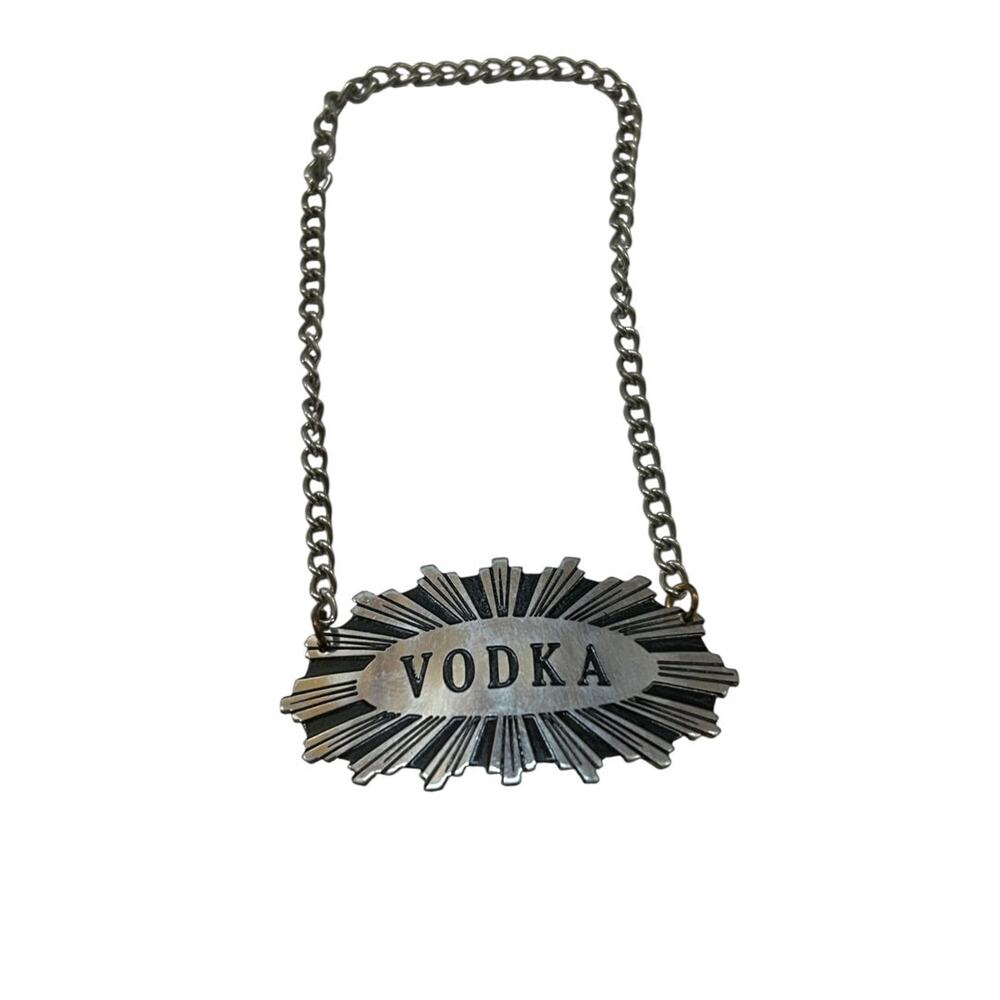 Silvertone Vodka Label Tag on Chain Starburst Design 2 Inch